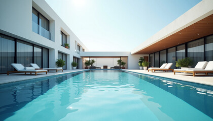 Fototapeta premium Luxury swimming pool surrounded by modern white buildings and sun loungers under clear sky. This expansive outdoor luxury swimming pool area offers relaxation and contemporary design.