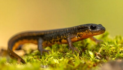 Obraz premium Orange and black newt resting on green moss, bathed in soft sunlight against a blurred brown and green background