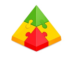 Puzzle pyramid illustration. 3-D shape in green, yellow, and red jigsaw pieces, isolated on white, overhead view