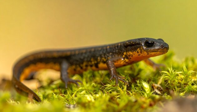 Orange and black newt resting on green moss, bathed in soft sunlight against a blurred brown and green background