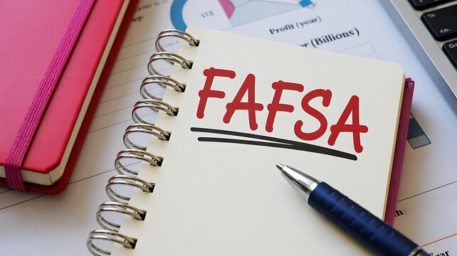 Notebook with FAFSA written on it, placed on financial papers with a pen, representing student financial aid application