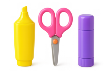 School stationery items including a yellow highlighter, pink scissors, and a purple glue stick, with a transparent background