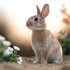 Obraz premium Adorable Brown Bunny Sitting Among Flowers in Nature.