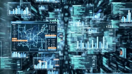A futuristic digital interface displaying various graphs, charts, and data visualizations in shades of blue and green, with a blurred background and overlapping screens - Powered by Adobe