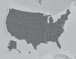 Gray map shows US states surrounded by water, possibly ocean or sea, with a simple, muted color scheme and detailed lines