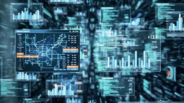 A futuristic digital interface displaying various graphs, charts, and data visualizations in shades of blue and green, with a blurred background and overlapping screens