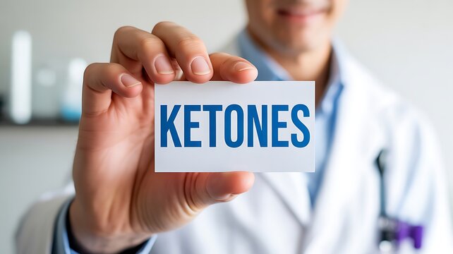 Doctor holding a white card with the text Ketones for metabolic health and dietary science concept