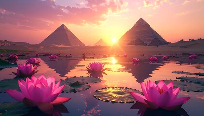 Pyramids reflected in water dotted with pink lotus flowers under a warm sunset sky over a desert landscape