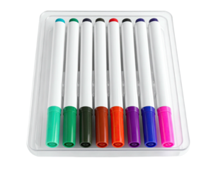 Assortment of vibrant colored markers arranged neatly inside a clear plastic tray