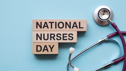 National Nurses Day message on wooden blocks with a professional stethoscope on a blue background