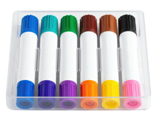 A set of colorful markers neatly arranged in a clear plastic container, ideal for art