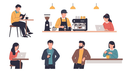 Diverse Activities in a Modern Cafe Flat Design Illustration of People Enjoying Coffee, Working, and Socializing in a Contemporary Coffee Shop Environment
