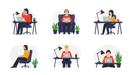 People working remotely on laptops at desks and in armchairs, illustration series
