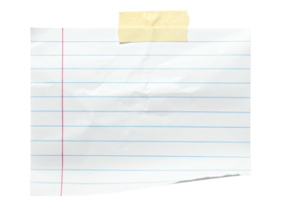 A torn piece of lined paper secured with masking tape against a stark black background