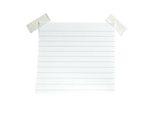 Lined white paper, rectangular, taped to an invisible surface, isolated on a black backdrop