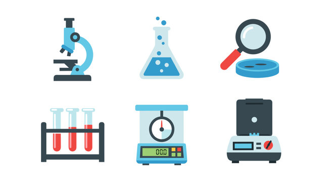 Assorted laboratory equipment icons featuring microscope, beakers, test tubes, scales, and magnifying tools for science visualization. - Powered by Adobe