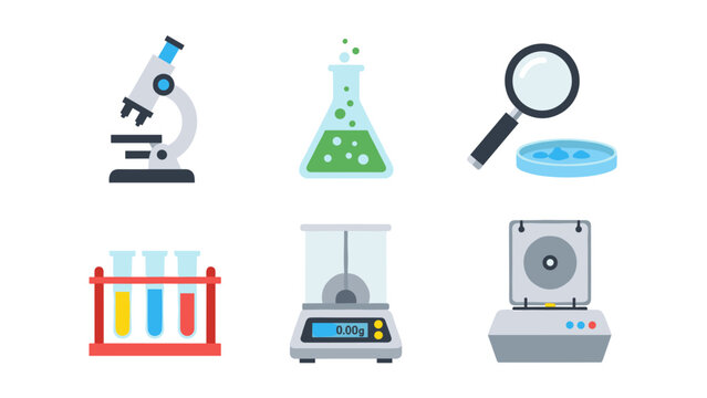 Assorted laboratory science equipment and analysis icons.