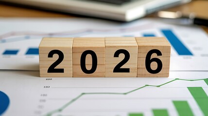 Year 2026 on wooden blocks placed over financial business growth charts and data reports for future planning
