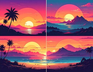 Quad view of colorful tropical sunset landscapes with palm trees, water, mountains, bright skies, and warm colors