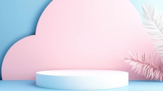 White product stand against soft pink and blue walls with blurred feathery plants