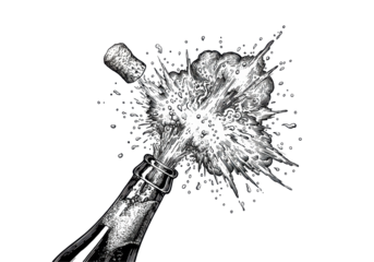 meticulous vintage engraving illustration of a sparkling cider bottle violently uncorking, effervescent foam sprays upward with intense kinetic energy against a white background. concept of triumph