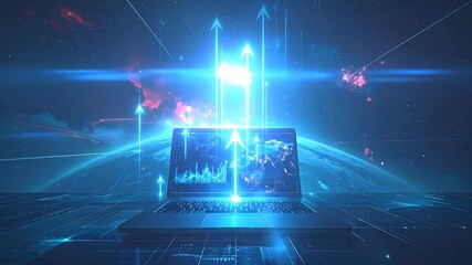 Digital Technology Ascension: Visualization of Laptop, Data, Arrows, and Futuristic Universe - Powered by Adobe
