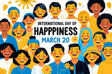 Greeting International Day of Happiness, Happy funny smiling People Friends Family AI Generative