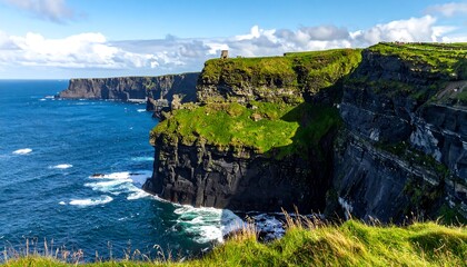 Lush, green cliffs meet turbulent blue ocean under a partly cloudy sky; rugged Irish coast beauty