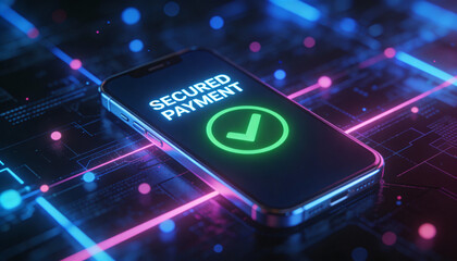 Secure Mobile Transaction: Smartphone Screen with SECURED PAYMENT Text and Green Tick Icon, Cybersecurity Background with Pink and Blue Lighting, Advanced Digital Finance and Data Safety.