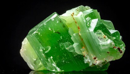 Lush green crystal formation with geometric structure against a stark black backdrop