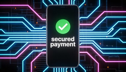 Secure Mobile Transaction: Smartphone Screen with SECURED PAYMENT Text and Green Tick Icon, Cybersecurity Background with Pink and Blue Lighting, Advanced Digital Finance and Data Safety.
