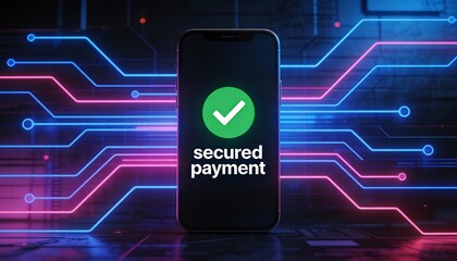 Secure Mobile Transaction: Smartphone Screen with SECURED PAYMENT Text and Green Tick Icon, Cybersecurity Background with Pink and Blue Lighting, Advanced Digital Finance and Data Safety.