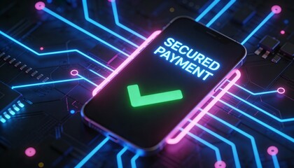 Secure Mobile Transaction: Smartphone Screen with SECURED PAYMENT Text and Green Tick Icon, Cybersecurity Background with Pink and Blue Lighting, Advanced Digital Finance and Data Safety.
