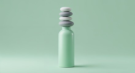 Balance and Tranquility: Serene composition features stacked stones atop a slender bottle, embodying harmony, stability, and mindful living. A minimalist still life on a pastel backdrop.