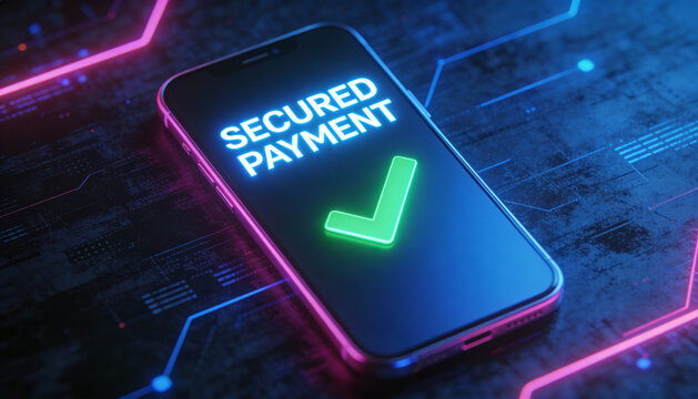 Secure Mobile Transaction: Smartphone Screen with SECURED PAYMENT Text and Green Tick Icon, Cybersecurity Background with Pink and Blue Lighting, Advanced Digital Finance and Data Safety. - Powered by Adobe