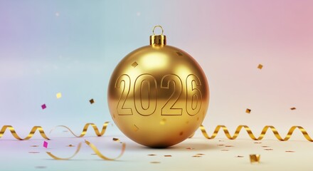 Golden Orb of 2026: A radiant golden ornament, etched with the year 2026, rests amidst a cascade of shimmering confetti and ribbons, heralding the promise of a new year. 