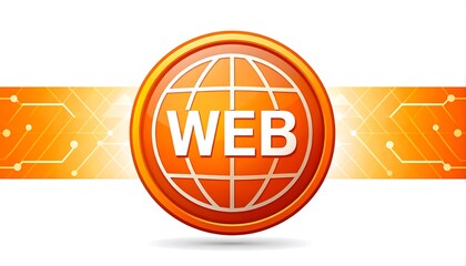 Orange globe icon with "WEB" text, centered on a circuit board pattern backdrop, symbolizing the internet
