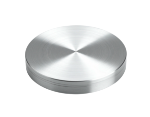 Circular brushed metallic object on a black background, showcasing intricate radial patterns and texture