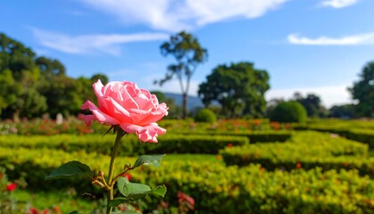 Pink rose, captured outdoors in sunlight, amidst vibrant garden landscape and sunny blue skies