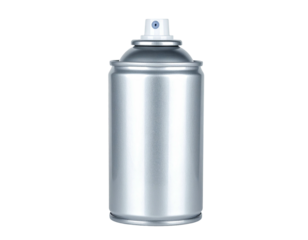 Metallic spray paint can against a black background. Simple, shiny, cylindrical design