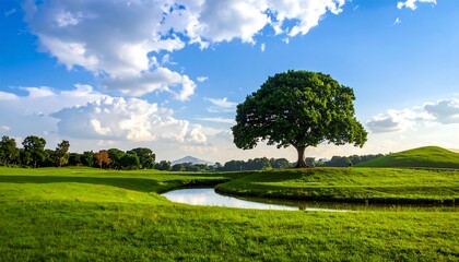 Lush green field with a majestic tree reflecting in water, under a bright blue sky with fluffy clouds