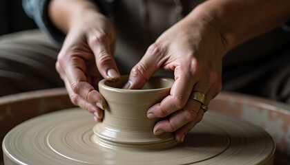 Hands shaping wet clay, developing form on pottery wheel in workshop. Artisan carefully molding new ceramic piece on spinning pottery wheel, showing traditional technique.
