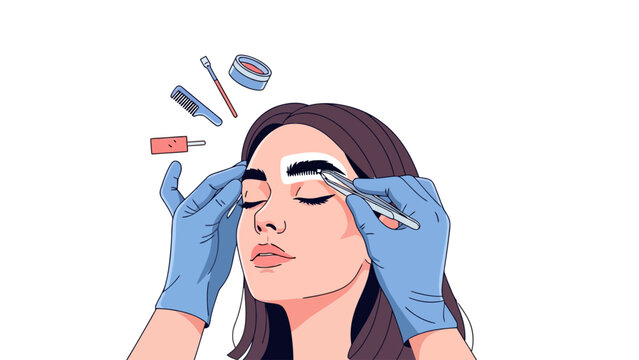 Womans eyebrows being groomed with tweezers and tools
