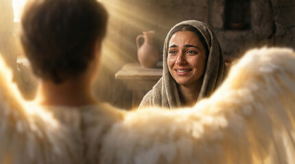 Plakat AI generated illustration of Archangel Gabriel announcing to the Virgin Mary the birth of the Son of God, biblical Annunciation concept