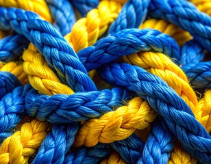 Intertwined blue and yellow ropes create a textured, knotted, vibrant pattern