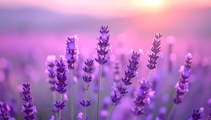 Fototapeta premium Lavender field at sunset glows with soft purple hues, casting warm light over fragrant blossoms