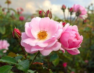 Pink roses in full bloom with buds, against a soft, blurred background of foliage and sky
