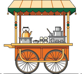 Colorful illustration of a food cart with cooking equipment and utensils on a white background.