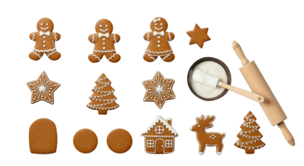 Christmas gingerbread cookies and baking tools png isolated on transparent background
