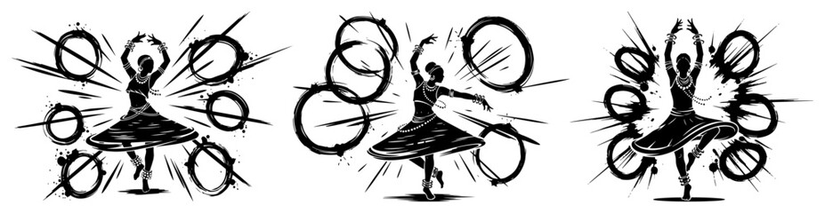 Set of dynamic black and white illustrations featuring a tribal dancer with abstract circular elements